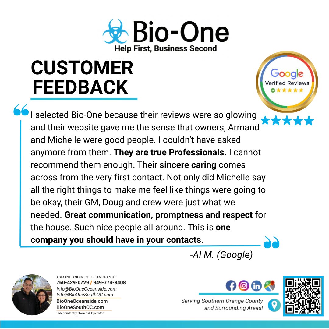 BioOneSouthOC's tweet image. #CompassionInAction 💚💚

We truly appreciate your wonderful words and recommendation! 

📞 Southern Orange County – 949-774-8408
 📞 North San Diego County – 760-429-0729

#bioone #orangecounty #sandiegocounty #customerreview #trustedprofessionals #cleanupwithcare