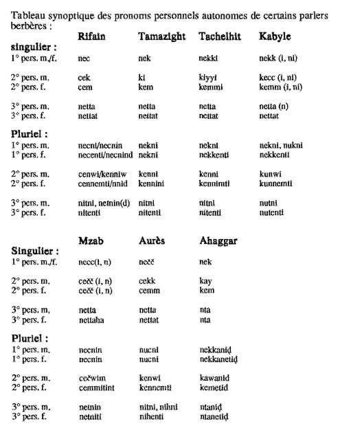 من بين مظاهر الفروقات بين المتغيرات الزناتية و الصنهاجية هو أن الزناتية تقوم بإبدال الكاف شينا، هذه قائمة بالضمائر بمختلف المتغيرات الامازيغية،حيث أن ضمائر "نش/شك/نشني" الزناتية تنطق"نك/كش/نكني" في الصنهاجية
الزناتية:شلحية(غرب الجزائر)الشاوية،الريفية
الصنهاجية: التارقية،القبائلية