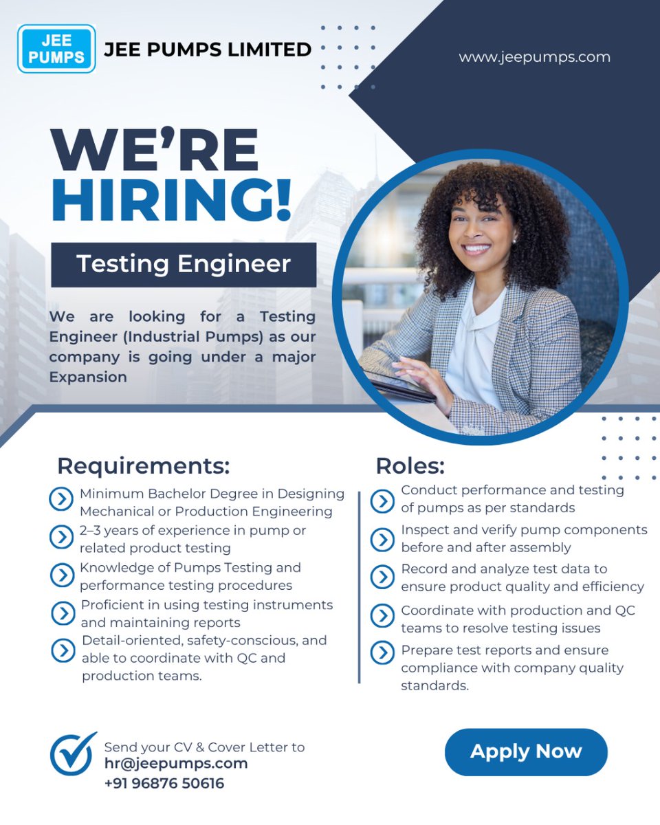 JeeGuj's tweet image. 🚨 JEE Pumps is Hiring! 🚨
Looking for a Testing Engineer (Industrial Pumps) with 2–3 yrs experience &amp;amp; strong pump testing skills.

📧 hr@jeepumps.com | 📞 96876 50616

Join our growing team!

#JeePumps #Hiring #TestingEngineer #EngineeringJobs
