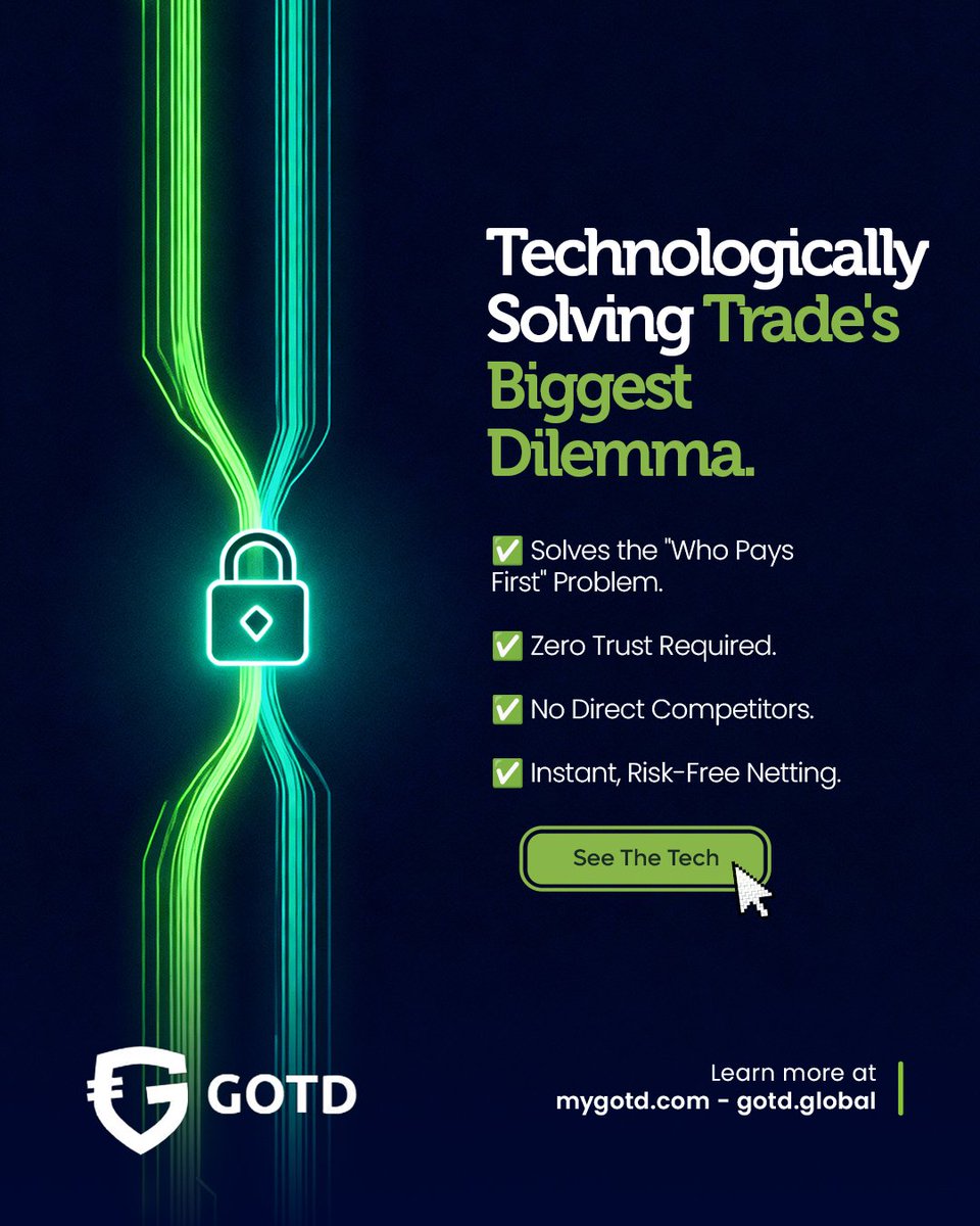 gotd_global's tweet photo. Our tech eliminates the dilemma that stops global trade: "Who pays first?" 🔐

We don't just reduce fees; we solve the fundamental problem of trust with a risk-free netting protocol.

✅ Zero Trust Required 
✅ Instant, Risk-Free Netting 
✅ No Direct Competitors

This is the DLT solution built on genuine technological disruption. See the technology that makes true zero-risk settlement possible.

#techdisruption #nocompetitors #smartescrow #dltinnovation