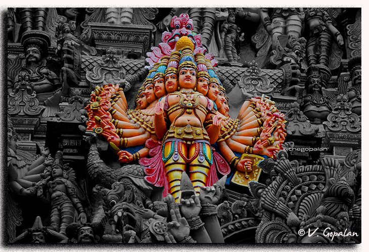 TheGopalan's tweet image. They say that there are more than 50,000 sculptures on each Gopuram of Madurai Meenakshi Amman temple.

Actual position of what you see in the second picture (Close up shot &amp;amp; partially colored)  is shown with an arrow in the first picture!

Zoom in and see!

How did they do…