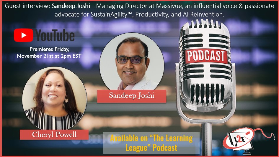 learn2_engage's tweet image. Our next guest on Learn2Engage’s The Learning League Podcast is Sandeep Joshi, Managing Director at @Massivue1 &amp;amp; an influential voice in sustainability, agility, &amp;amp; AI transformation. Tune in on Friday, November 21st at 2pm EST - Set your reminder here: youtu.be/DDEhhWL9N6E…