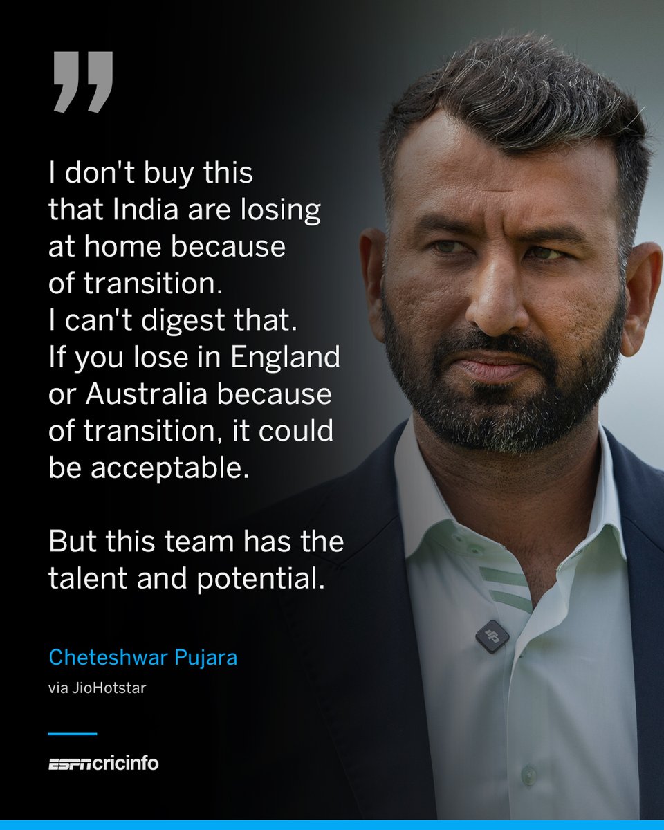 ESPNcricinfo's tweet image. India are going through a period of transition in Test cricket, but Cheteshwar Pujara says that&apos;s no excuse for losing a Test at home 😤
