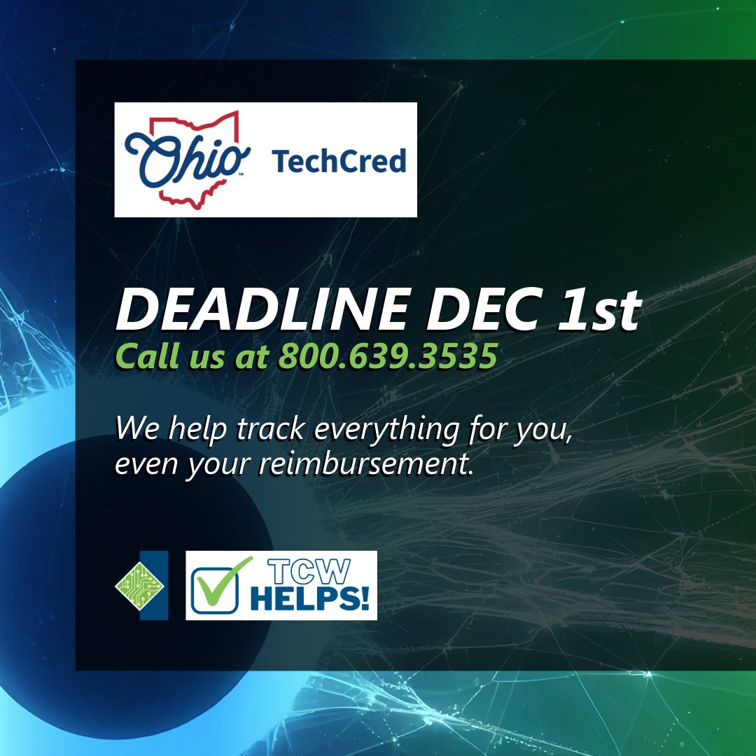 tcworkshop's tweet image. The deadline is approaching to apply for Ohio&apos;s TechCred Grant! Contact us today for help! 800.639.3535 tcworkshop.com/techcred

#TechCred #OhioX #IamOhioTech #funding #employeetraining #tcworkshop