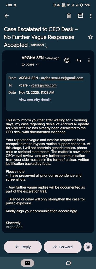 rrishi13sen's tweet image. Neo 7 got OriginOS 6 after user feedback.
 Y100 &amp;amp; Y200 now receiving a 3rd update despite weaker chipsets.
 V27/V29 users are denied.
Nov 12 mail → 5 days later,
only drama policy excuses
This case won’t close 
#OriginOS6 #VivoIndia #ConsumerRights #UpdatePolicy #ConsumerForum