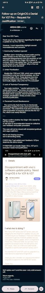 rrishi13sen's tweet image. Neo 7 got OriginOS 6 after user feedback.
 Y100 &amp;amp; Y200 now receiving a 3rd update despite weaker chipsets.
 V27/V29 users are denied.
Nov 12 mail → 5 days later,
only drama policy excuses
This case won’t close 
#OriginOS6 #VivoIndia #ConsumerRights #UpdatePolicy #ConsumerForum