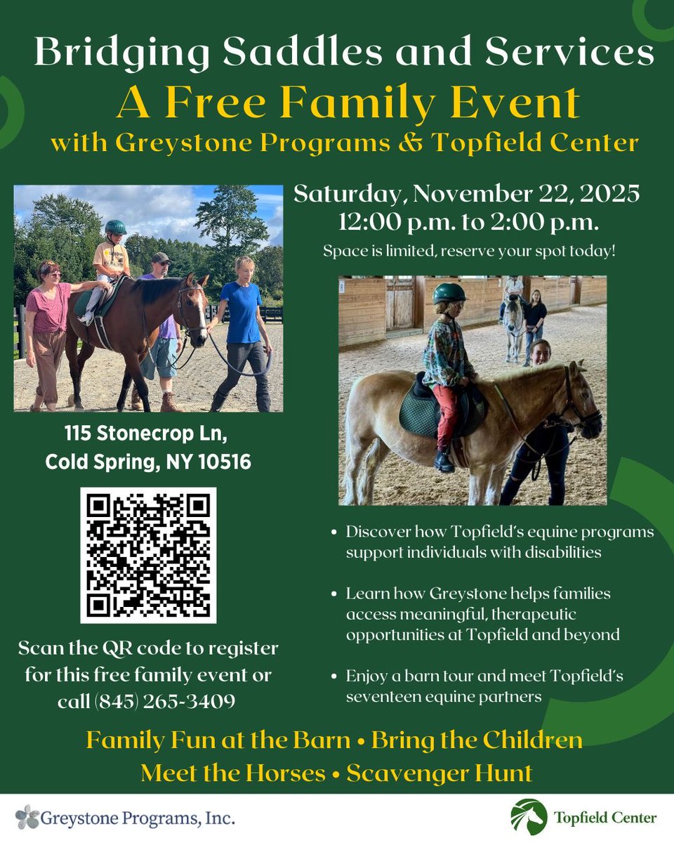 GreystonePrgrms's tweet image. Join Greystone Programs and Topfield Center for Bridging Saddles and Services, a free family event on Saturday, November 22, 2025, from 12-2pm in Cold Spring.

Register here: topfieldcenter.org/event-details/…

 #greystoneprograms #equinetherapy #communityevents #coldspringny #hudsonvalley