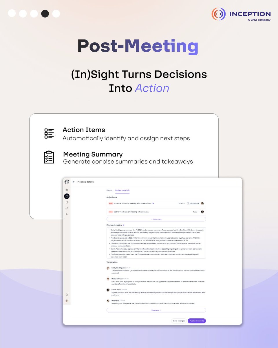 Inception_ai_'s tweet image. Meetings often repeat the same loop. (In)Sight fixes it with AI agendas, live transcription, quick analytics, and tracked actions. 

Built for leaders and linked with Microsoft 365 and SharePoint. It’s authentic intelligence at work.

Watch the video:  bit.ly/48hZNl8