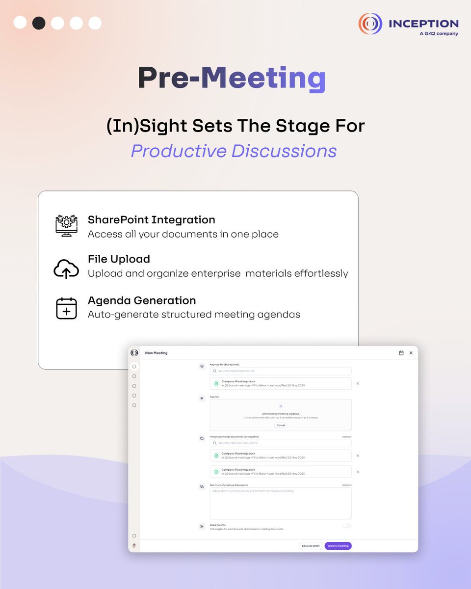 Inception_ai_'s tweet image. Meetings often repeat the same loop. (In)Sight fixes it with AI agendas, live transcription, quick analytics, and tracked actions. 

Built for leaders and linked with Microsoft 365 and SharePoint. It’s authentic intelligence at work.

Watch the video:  bit.ly/48hZNl8