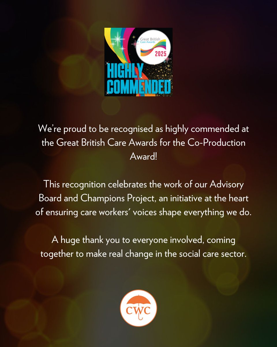 🎉 A fantastic moment from Saturday’s Great British Care Awards! 🎉  

We’re thrilled to share that The Care Workers’ Charity was highly commended in the Co-Production Award category at this year’s ceremony.