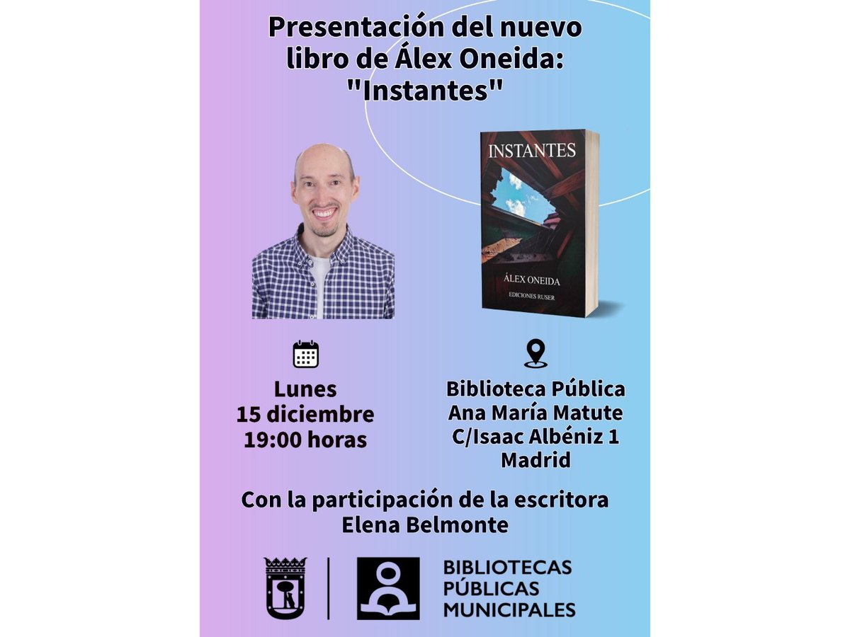 ¡¡¡Nuevo libro!!! Afortunado y orgulloso de poder compartir una nueva publicación con todos vosotros. "Instantes" es una recopilación de relatos y voy a tener el placer de presentarla junto a mi maestra y mentora Elena Belmonte.
¡Os espero el próximo 15 de diciembre!