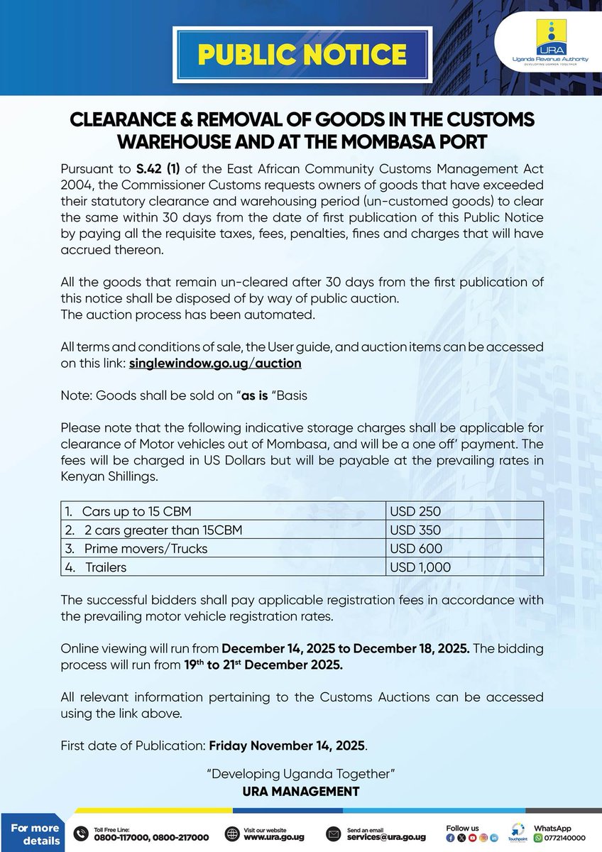Nmwshdnjrch's tweet photo. #URAPUBLICNOTICE Alert!
The commissioner customs requests owners of goods that have exceeded their statutory clearance and warehousing period to clear the same within 30 days from the date of first publication of this public notice.
Details below👇
#Customs101
#FfeBanno https://t.co/3FErDce5IV