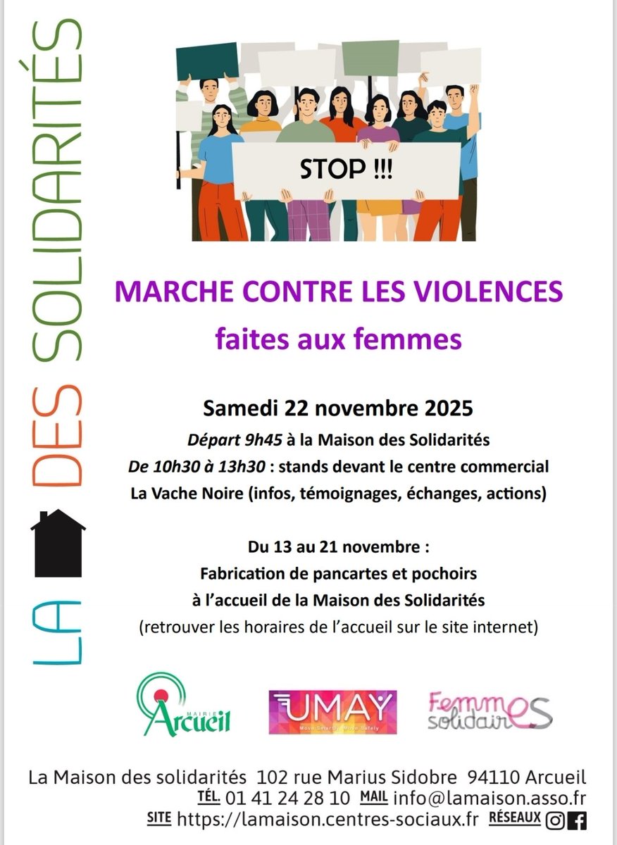 Contre les violences faites aux femmes <a href="/Femmessolidaire/">Femmes solidaires</a> samedi 22 novembre dès 09h45 à Arcueil #violencesconjugales #féminicide #féminisme