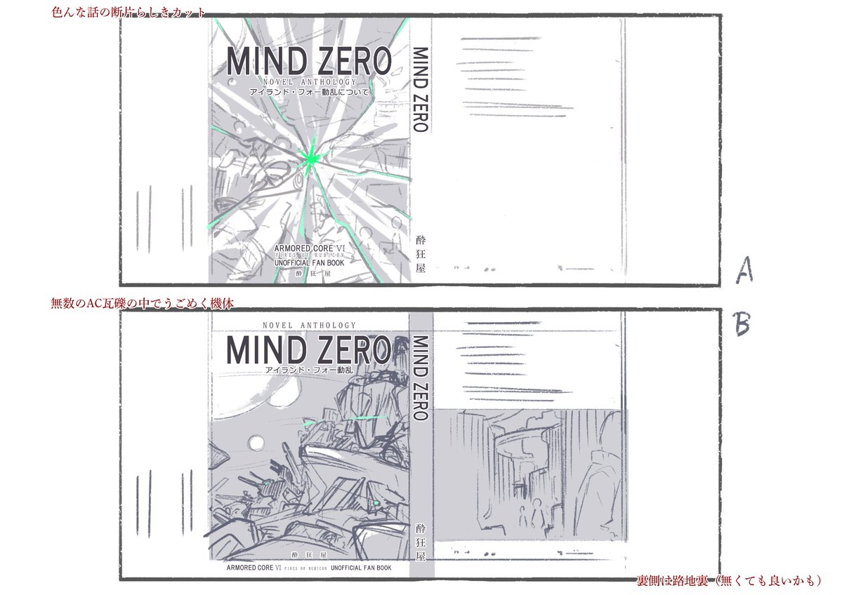 アイランド･フォーブックの表紙について。
本作では名前しか出てこないアイランド･フォー動乱。この物語を酔狂屋の三人がそれぞれに描くというコンセプト。
動乱の中で複数人のフロイトとオキーフが観測されたが、彼らの真贋に最早意味は無く、物語こそが必要なのだ。ってかんじで表紙の案出し