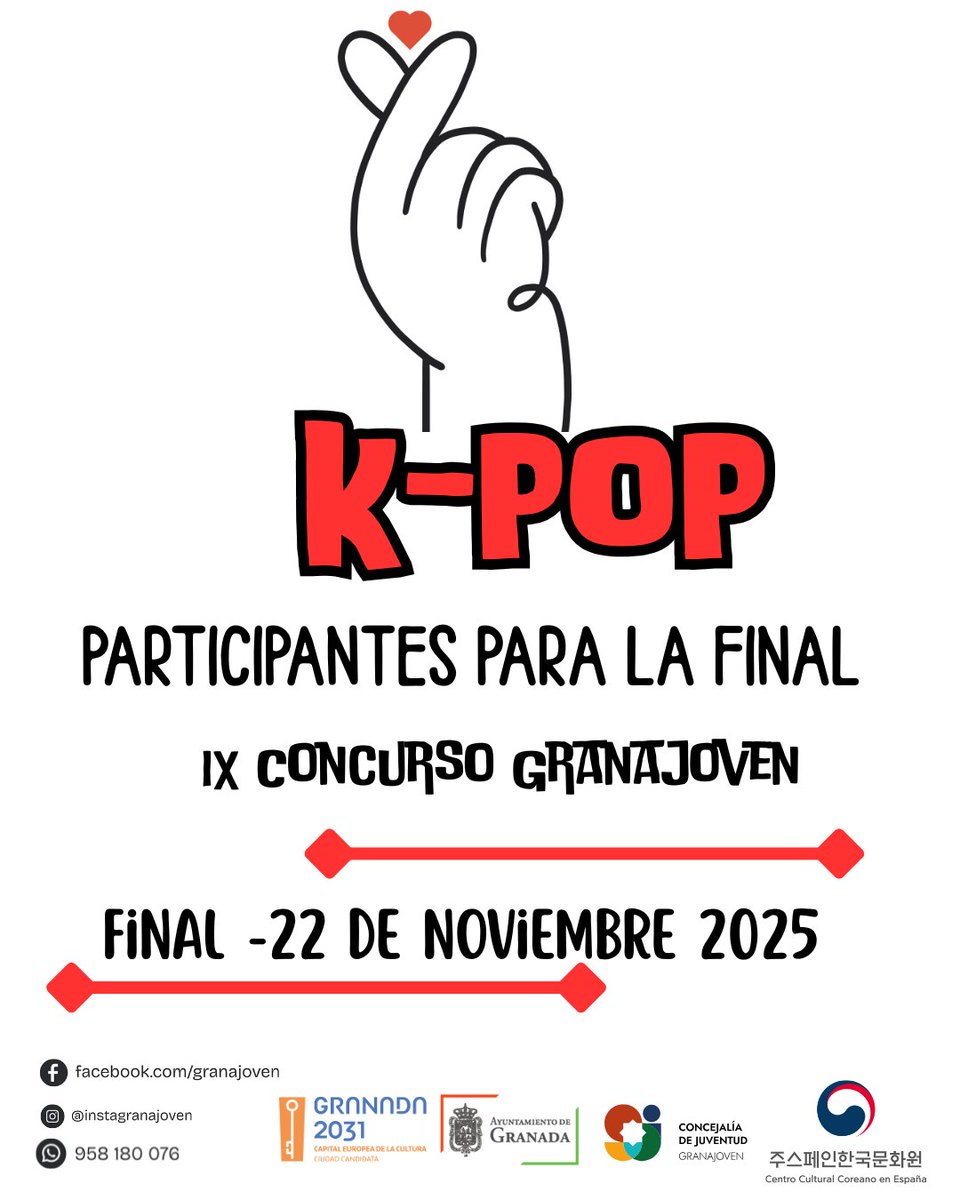 🌟 GRAN FINAL KPOP GRANAJOVEN 🌟
22 de noviembre os esperamos en el Teatro Maestro Alonso (C/ Ribera del Beiro 40).
🎤 Final: 11:00
🏆 Premios: 16:30
💃 Después: ¡Random Dance K-POP!

¡No os lo perdáis!
<a href="/aytogr/">Ayuntamiento de Granada</a> <a href="/2031Granada/">2031 Granada</a> #granajoven #juventud #kpop
