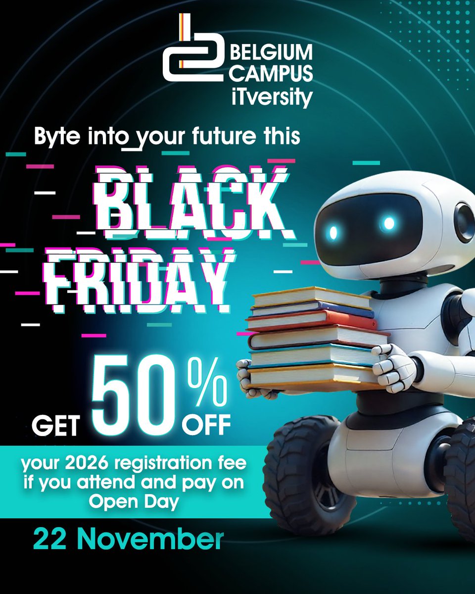BelgiumCampus's tweet image. Byte into your future this #BlackFriday with 50% off your 2026 registration fee! Pay at our in-person or online Open Day on 22 November to qualify. Start your IT journey for 2026: bc.uxi.re/PC8KT
Ts &amp;amp; Cs apply.
#BelgiumCampusiTversity #StudyIT #Itsthewaywerewired