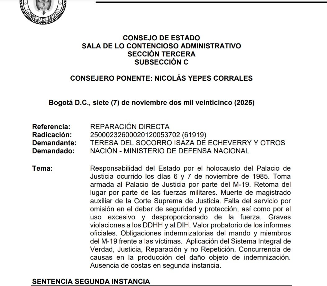 relatoriaCCA's tweet image. 🚨Responsabilidad del Estado por el holocausto del Palacio de 
Justicia ocurrido los días 6 y 7 de noviembre de 1985/Valor probatorio de los informes 
oficiales. Obligaciones indemnizatorias del mando y miembrosdel M-19 frente a las víctimas
drive.google.com/file/d/1gwh6JE…