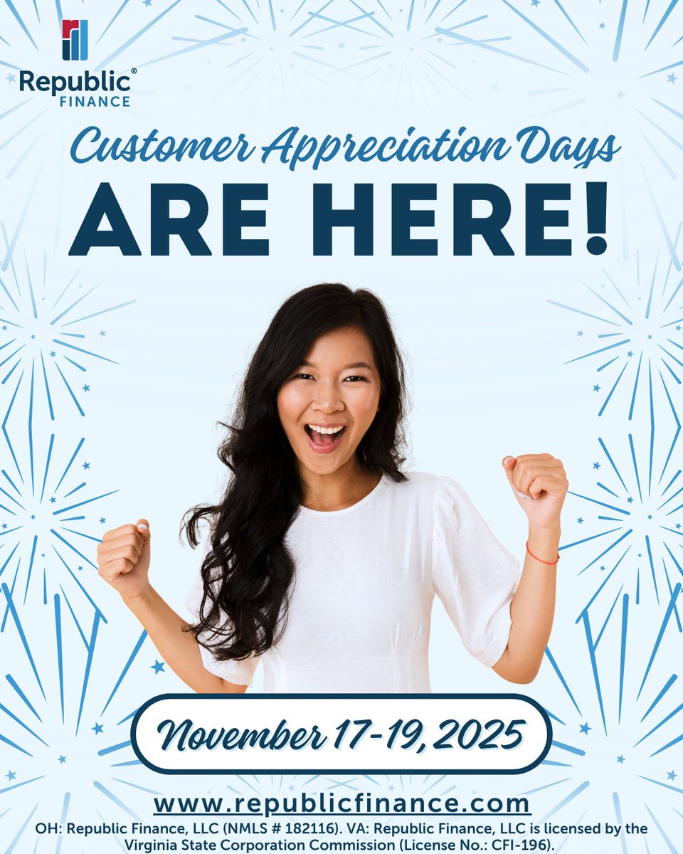 RepFinance's tweet image. Customer Appreciation Days are here!🎉

Visit your local branch today through November 19th to take advantage of CAD! Need help finding the closest branch in your area? Visit our website to search for locations near you!