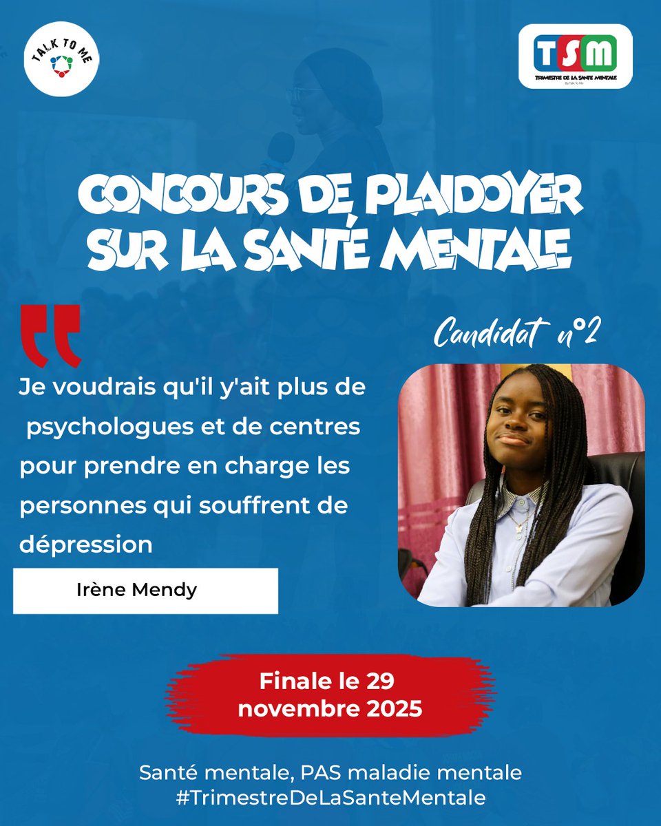 Talk2me_talk's tweet photo. Découvrez ici les candidats de la finale du concours de plaidoyer sur la santé mentale qui aura lieu le 29 novembre 2029. 

Ils participent pour défendre une cause : l'inclusion de la santé mentale dans les politiques publiques. https://t.co/q5RcLqJwk3