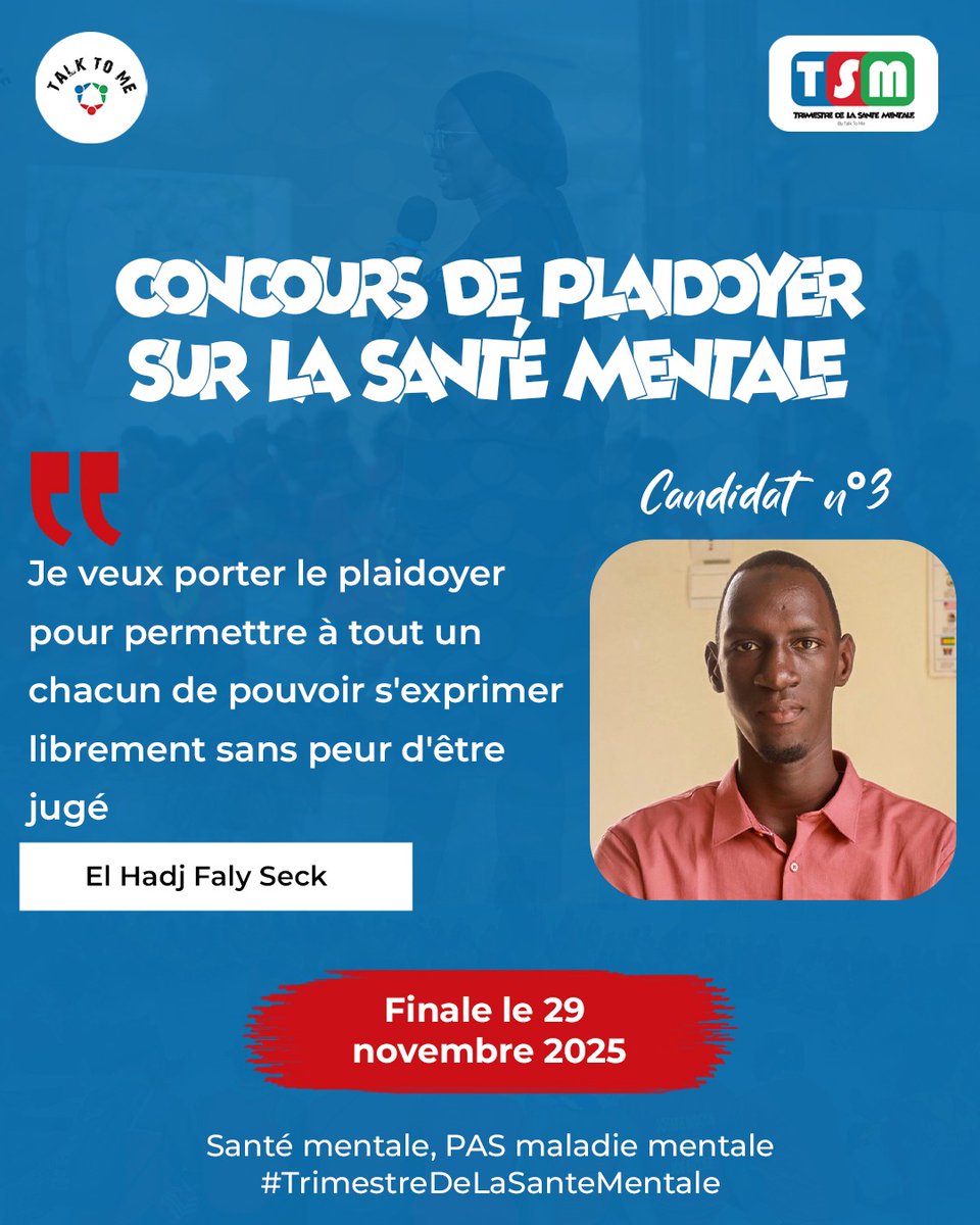 Talk2me_talk's tweet photo. Découvrez ici les candidats de la finale du concours de plaidoyer sur la santé mentale qui aura lieu le 29 novembre 2029. 

Ils participent pour défendre une cause : l'inclusion de la santé mentale dans les politiques publiques. https://t.co/q5RcLqJwk3