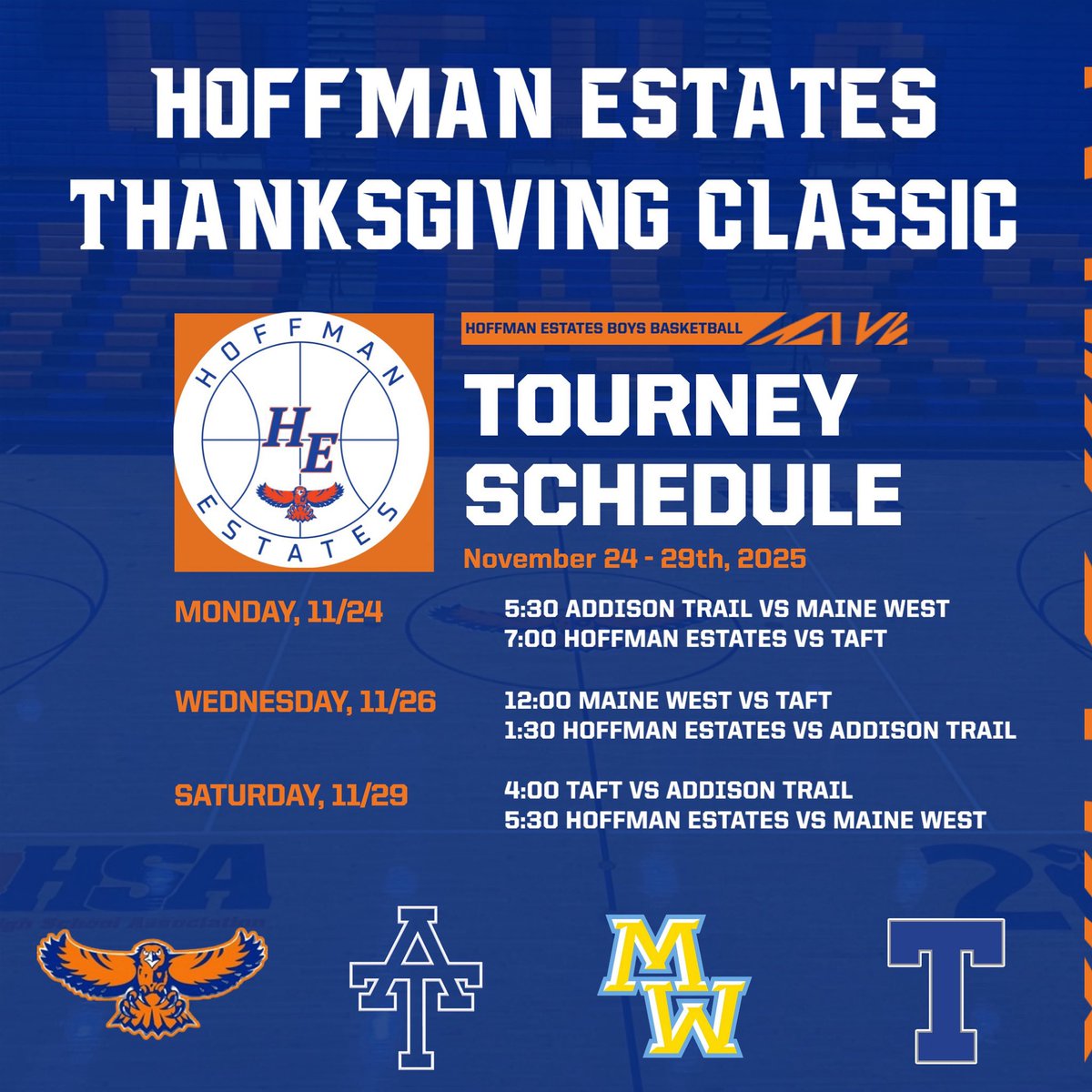 We are 1 week away from the Hoffman Estates Thanksgiving Classic! Excited to welcome Addison Trail, Maine West &amp; Taft!

<a href="/dhpreps/">Daily Herald Preps</a> <a href="/michaelsobrien/">Michael O'Brien</a> <a href="/HSBBALLjg/">Jack Gleason</a> <a href="/mattjnow/">Matt Now</a> <a href="/Sports4Illinois/">Illinois Sports Updates</a>