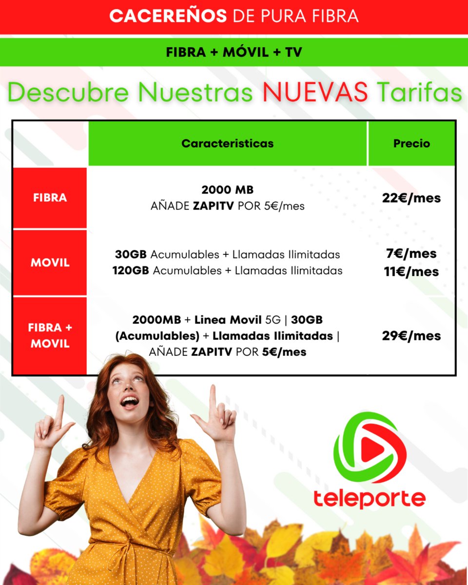 📣 ¡Nuevas tarifas en Teleporte!
📶 Fibra 2000MB
📱 Móvil con GB acumulables y llamadas ilimitadas
📺 Añade ZapiTV por solo 5€/mes
💥 Desde solo 29€/mes
#CacereñosDePuraFibra
ℹ️ teleporte.es