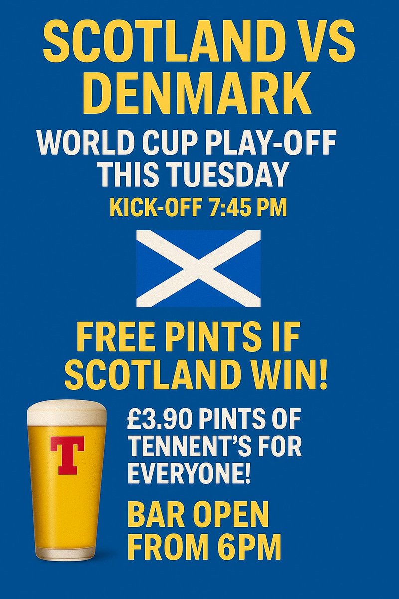 If Scotland beat Denmark on Tuesday… FREE PINTS for everyone! 🍻*

Bar open from 6pm
£3.90 Tennent’s for all (members + non-members)
Let’s pack the place and cheer the lads on to their first World Cup since 1998! 🔥

*Selected pints only.

#WorldCupQualifiers #ACC