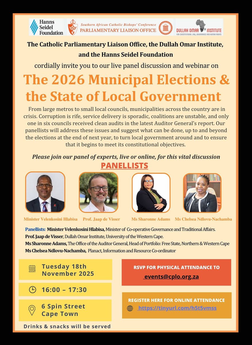 JOIN our PANEL DISCUSSION: The 2026 MUNICIPAL ELECTIONS &amp; THE STATE OF LOCAL GOVERNMENT – TUESDAY 18th November 2025 at 16h00 at 6 Spin Street, Cape Town.
To attend in  CAPE TOWN, email events@cplo.org.za
To join on Zoom, please register using this link:  tinyurl.com/h5t5vmss