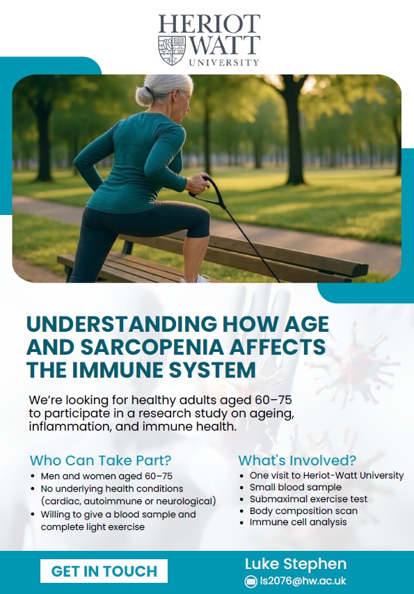 We're still on the lookout for research volunteers, aged 60-75 years, male and female, to help us understand the association between our immune system and muscle ageing. If you're in central belt Scotland, and interested, please email or reach out to <a href="/Luke_Stephen97/">Luke Stephen</a>
