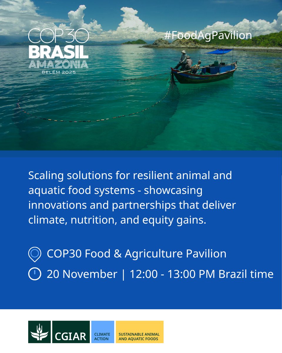 CGIAR_SAAF's tweet image. 🐄🐟 Science is driving climate-ready livestock &amp;amp; aquaculture.
Join us @Cop30noBrasil session for innovations that cut methane, boost resilience, &amp;amp; strengthen livelihoods.
📅 20 Nov | ⏰ 12–1 PM | 📍 #FoodAgPavilion
events.cgiar.org/Scalingsolutio…
 #WithScienceWeCan
 @FAO @CGIARClimate