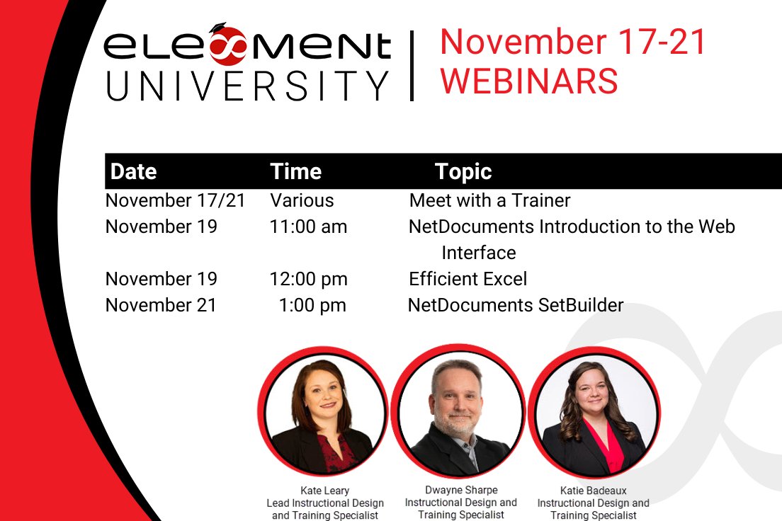 Element_Updates's tweet image. Register today for this week’s Element University Webinars!

Subscribe to Element University by contacting info@ele-ment.com

Registration is available on the Element University site:
ow.ly/XQMN50XaIum
#ElementTechnologies #ElementUniversity #Excel #NetDocuments