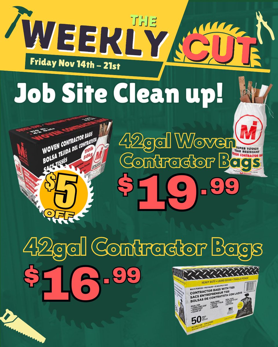 wardlumber's tweet image. 🛠️ Don’t Miss Out - There’s still time to clean up your job site and save big!! 🧹💥
💥 42gal Woven Contractor Bags – Now just $19.99!
🟨 42gal Contractor Bags – Only $16.99 for a box of 50!

#WardLumberStrong #WorkerOwned #Coop #ShopLocal #ADK #NorthCountry
