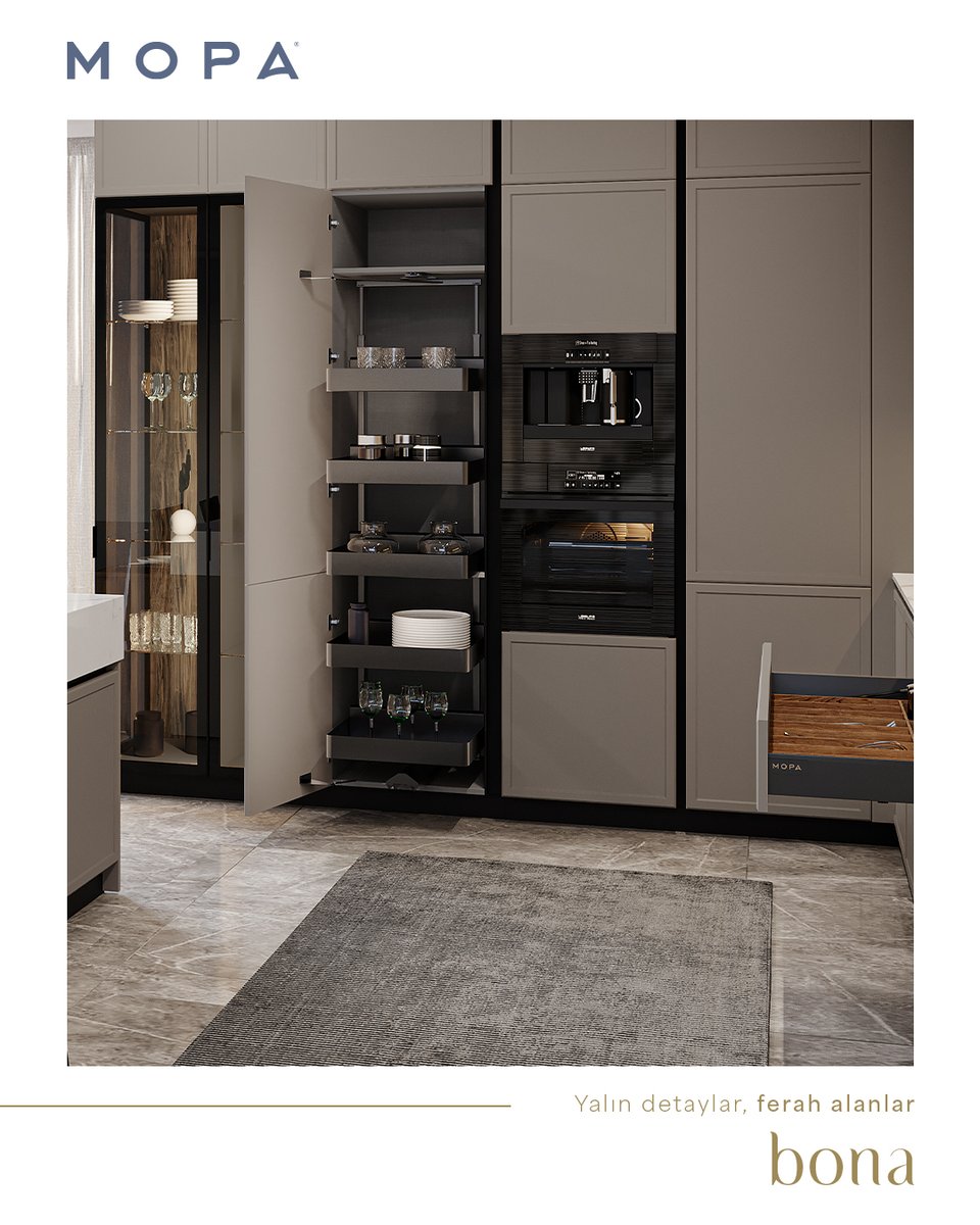 Bona, dar çerçeveli görünümü ve kulpsuz tasarımıyla sade bir estetik sunar.
Aydınlatmalı camlı dolaplarıyla mutfaklarda ferahlık ve düzen sağlar.

#Mopa #MopaMutfak