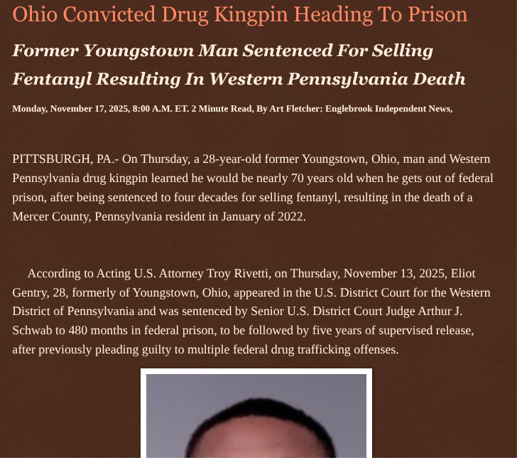 ArtFletcher9's tweet photo. Ohio Convicted Drug Kingpin Heading To Prison https://t.co/KXl5b5Iut6 via @Englebrooknews #Pennsylvania #Pittsburghpa #CrimeNews #Ohio #Youngstwonoh #convicted #drugdealer #federal #prison #drug #trafficking #resulting #death @wireless_step @HRG_Media @LodiNJNews @fordmb1 @SarahGeving1 @Shannon96574094 @Daytobehappy @janninereid1 @gator4kb18 @MichelleF_35 @TrumpWasRite2 @KathyKbrose @RobGerundo @JimBobW49