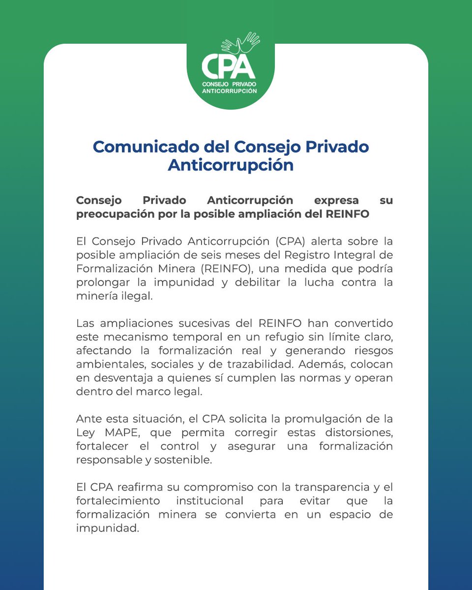 El país no puede normalizar la informalidad minera 🚫

Ampliar el REINFO solo abre más espacio a la impunidad. Se requieren reglas firmes y una formalización real.

#CPA #MineríaResponsable #Transparencia #Anticorrupción #REINFO