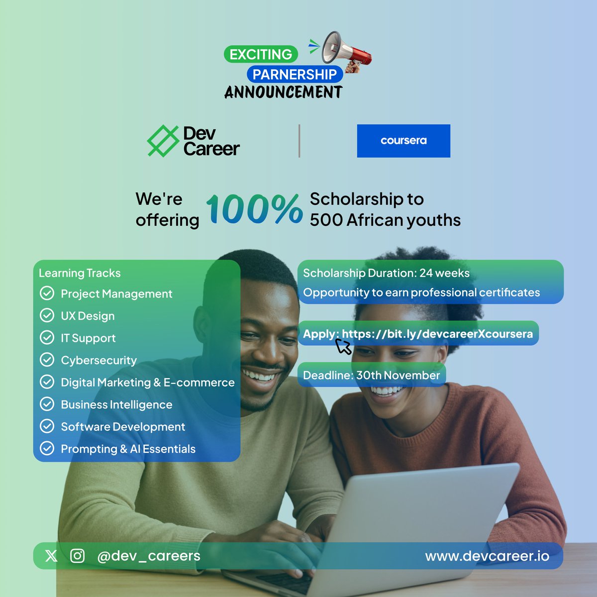 dev_careers's tweet image. We Have Big News!

DevCareer is partnering with Coursera to offer a 24-week, 100% scholarship program for 500 African youths ready to upskill and earn professional certificates from leading companies like Google, Meta, IBM, and Microsoft, all in some of the world’s most in-demand…
