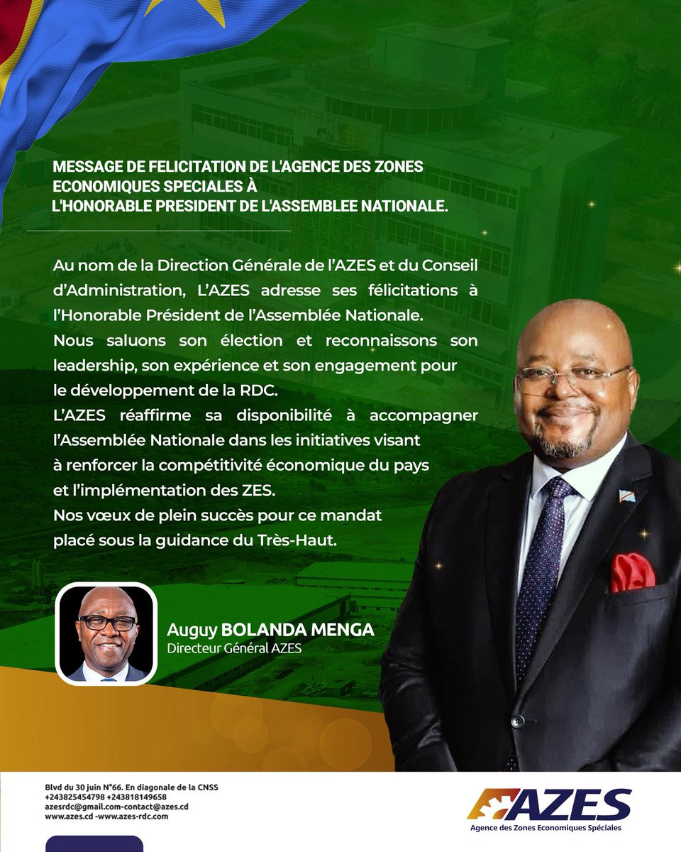 azesrdc's tweet image. Au nom de la Direction Générale et du Conseil d’Administration de l’AZES, nous adressons nos chaleureuses félicitations à l’Honorable Président de l’Assemblée Nationale.
Son leadership et son engagement pour le développement de la RDC demeurent une source d’inspiration.
L’AZES…