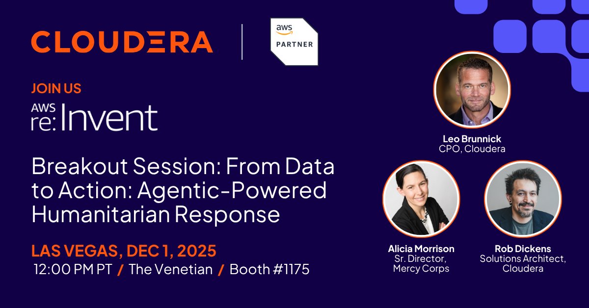cloudera's tweet image. At last year’s #AWSreInvent, we announced our partnership with the global nonprofit Mercy Corps to transform humanitarian response with a custom agentic AI solution.

Cloudera CPO Leo Brunnick joins @mercycorps leaders at AWS re:Invent in Vegas to share the incredible progress a…