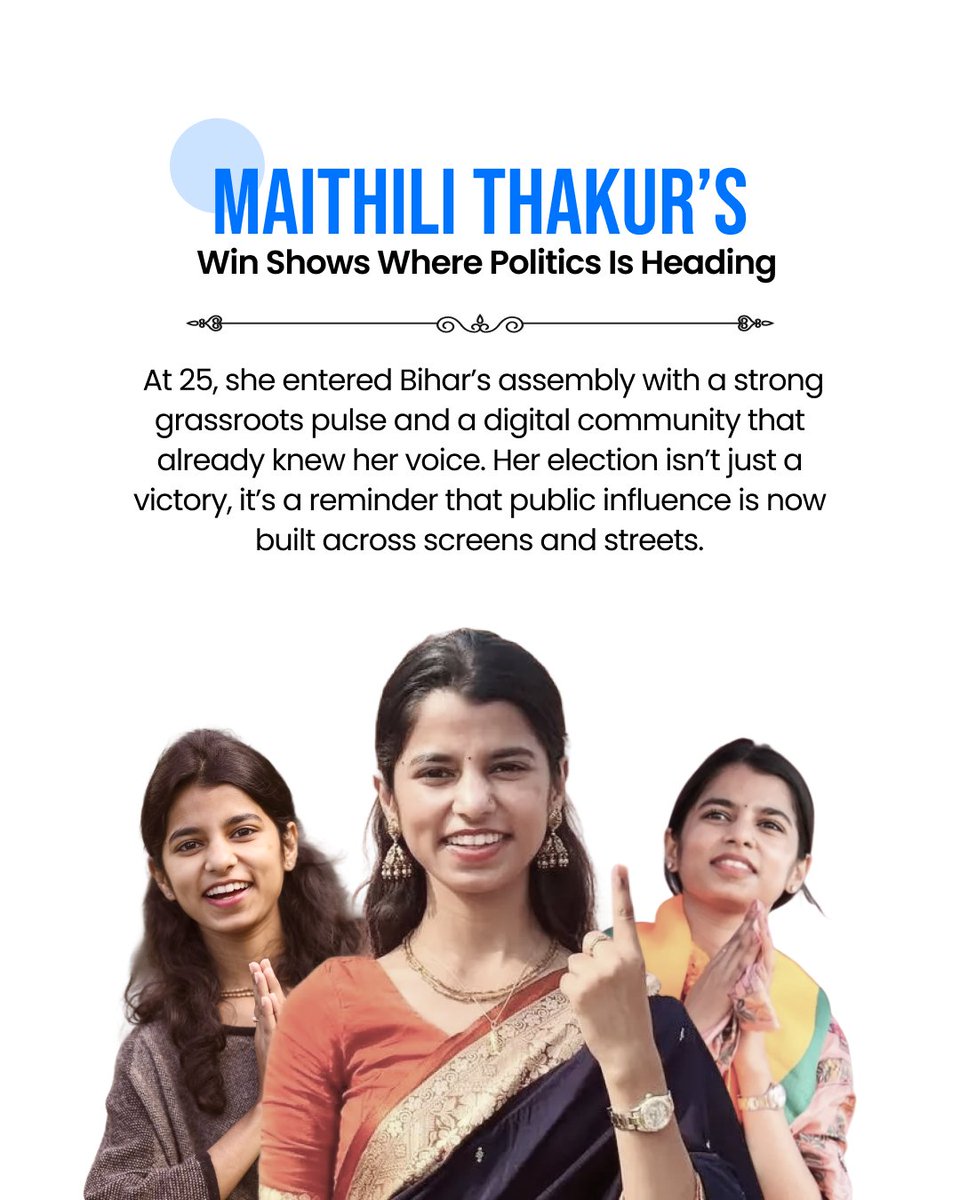 PlanPol_'s tweet photo. Maithili Thakur’s win proves it, digital presence plus data-driven insight is how modern politics works. Age isn’t the story, connection is.
#PlanPol #PoliTech #DigitalPolitics #Bihar2025 https://t.co/EA87pEiJ53