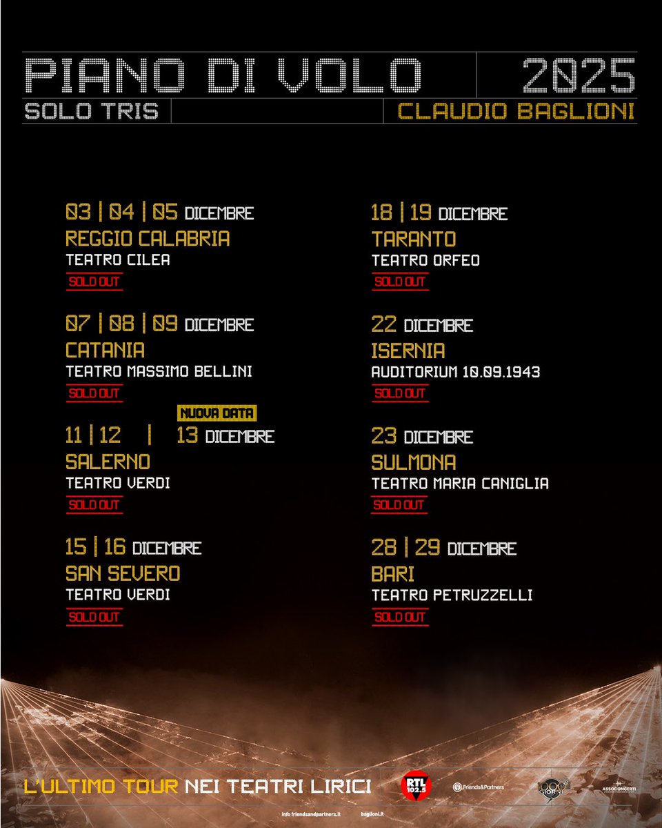 ClaudioBaglioni's tweet image. #pianodivolosolotris si arricchisce a grande richiesta di una terza data anche al Teatro Verdi di Salerno il 13 dicembre.
 
Biglietti disponibili dalle ore 18.00 di oggi, 17 novembre, su TicketOne.it e nei punti vendita e nelle prevendite abituali 
@officialFandP