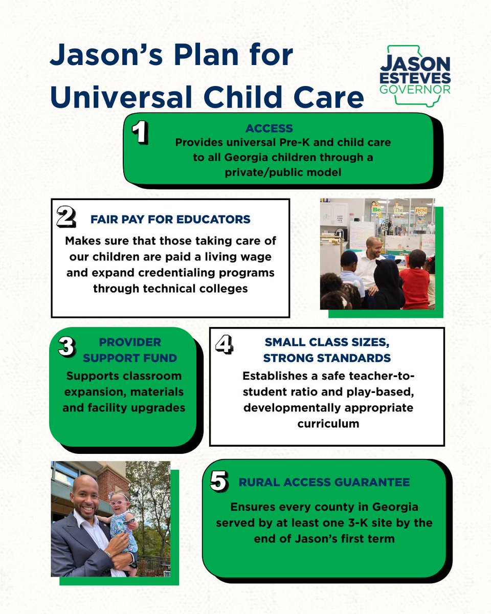 jasonesteves's tweet image. Today, I’m proud to release my plan for universal child care in Georgia.