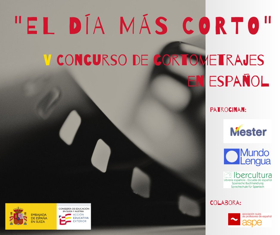 ¡Atención! El plazo de inscripción para el V Concurso de Cortometrajes en Español termina el 21 de noviembre.

Visita nuestra página web e inscríbete ya:

educacionfpydeportes.gob.es/suiza/proyecto…