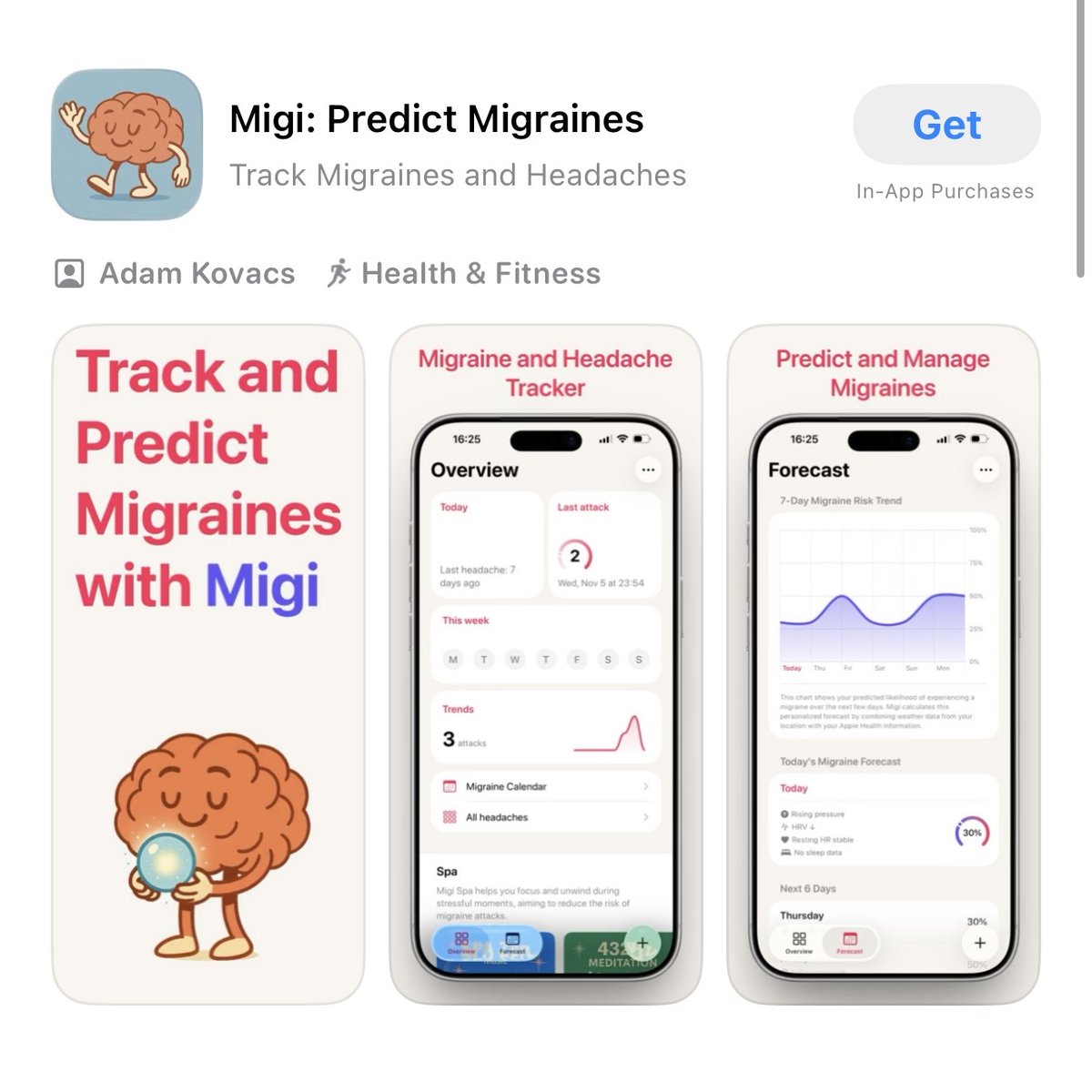 AdamKPx's tweet image. My new app is out, and it helps make life easier for people like me who struggle with migraines:

📈 Migraine risk forecasting based on weather conditions and your Apple Health data
🌦️ Pressure and temperature change predictions
🔔 Daily migraine-risk notifications
💆 Spa section…