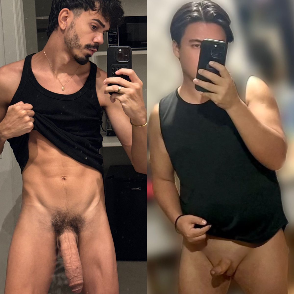 Guys with black tank tops.