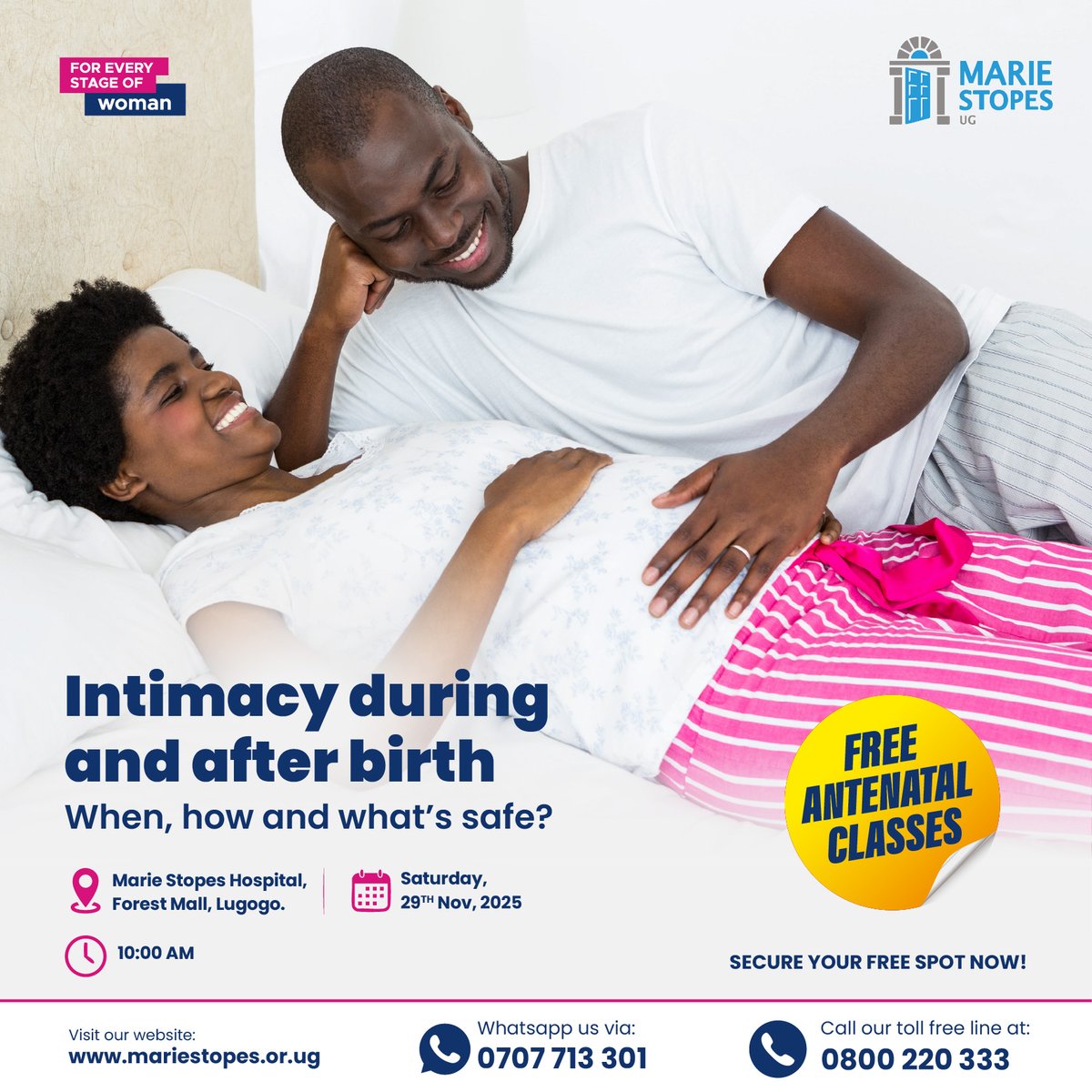 MarieStopesUg's tweet photo. Intimacy is a beautiful way to strengthen your bond with your partner, but it’s equally important to know when and how to do it safely. 

Join our free Antenatal classes to learn more about safe practices for you and your baby.

WhatsApp: 0707 713 301 or Call: 0800 220 333 to book your appointment today.