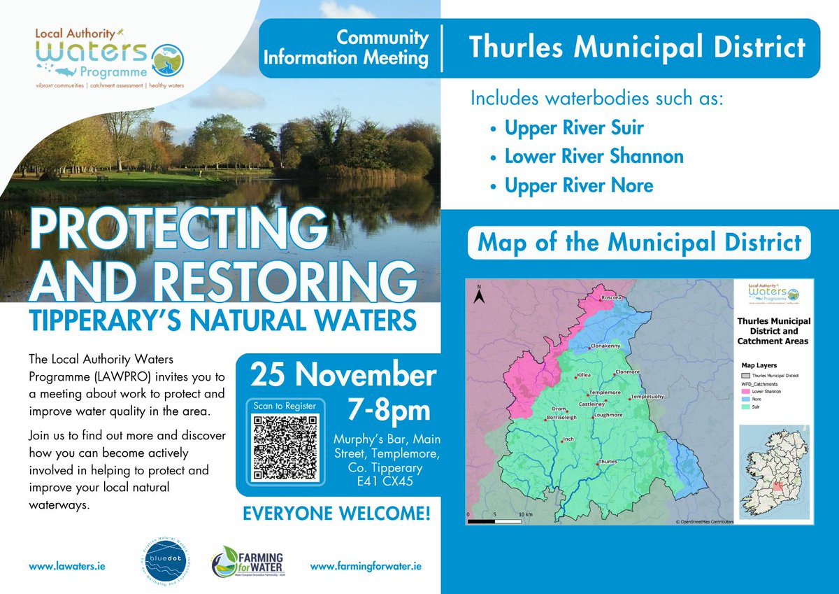 WatersProgramme's tweet image. LAWPRO invites you to a meeting about work to protect and improve water quality in Thurles Municipal District, Co. Tipperary. 🌊 

🕰️ 25th November, 7-8pm. 
📍 Murphy’s Bar, Main Street, Templemore, Co. Tipperary, E41 CX45

All welcome!

Learn more: bit.ly/4r05Yln