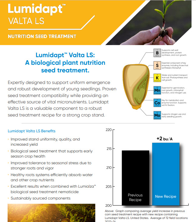 deutmeyer_troy's tweet photo. New addition to Lumigen Seed Treatment in corn!

Lumidapt Valta brings a nutritional component to an already robust list of active ingredients to protect your seed.  This natural source of lignosulfonates aids in achieving that much desired uniform emergence in the increasingly challenging conditions growers are planting into.

While seed treatments are not a real sexy topic... the improvements over the past decade have been incredible and probably don't get the proper attention they deserve.

Contact  your local Pioneer Sales Representative to learn more about Lumidapt Valta!