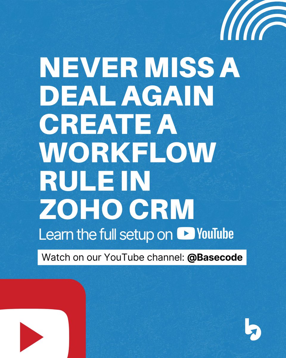 basecodetech's tweet image. Sales updates shouldn’t slip through the cracks.
Learn how to set up a workflow rule in Zoho CRM that notifies your team of every new deal.
Watch on YouTube.