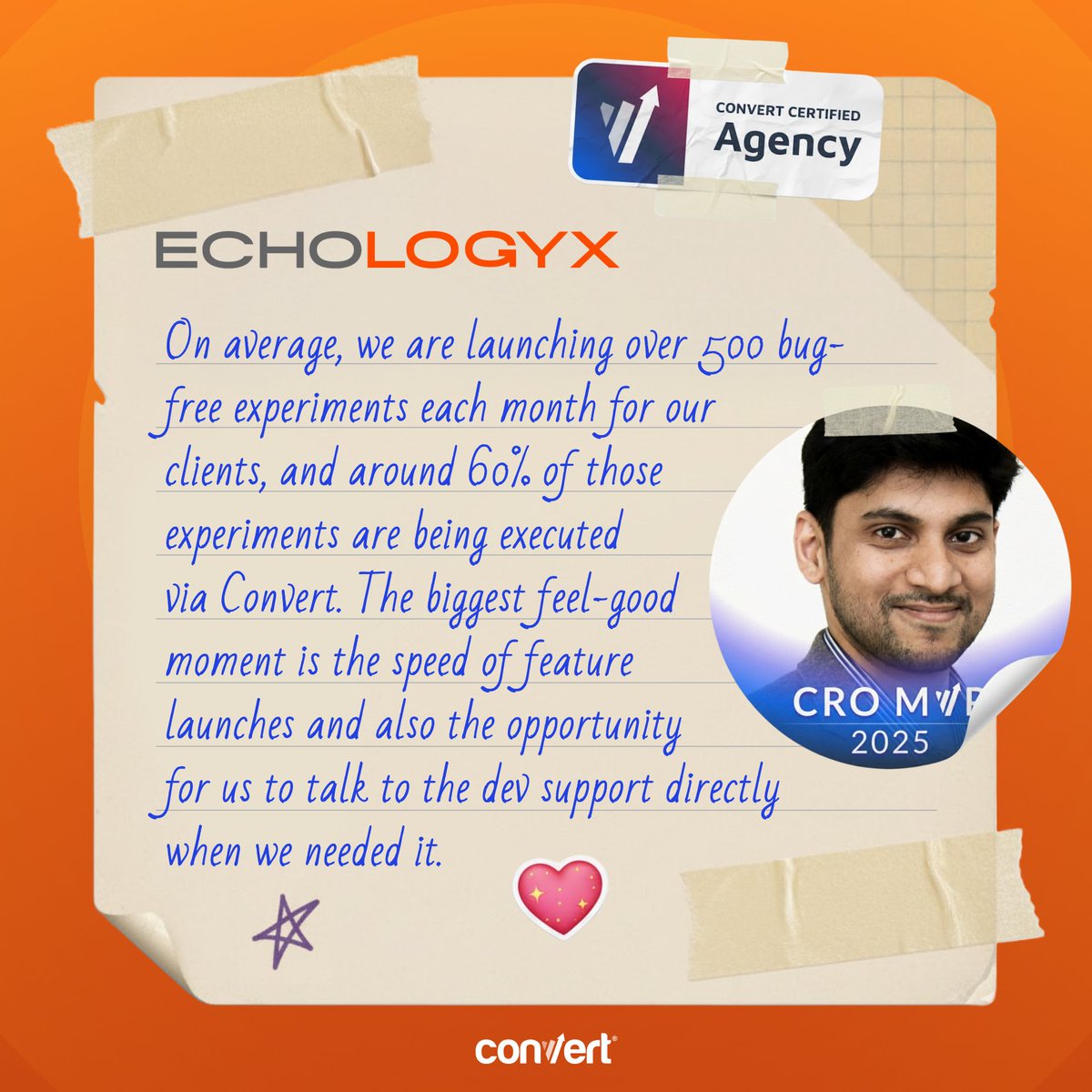 Convert's tweet image. This CRO month shout-out goes to people we trust our MRR with. 

Literally! 

Tasin Reza &amp;amp; @EchologyxLtd are synonymous with high-complexity builds. 

And clean, swift execution. No mess. No drama. Just precision and the quiet wheels powering some of the most talked-about A/B…