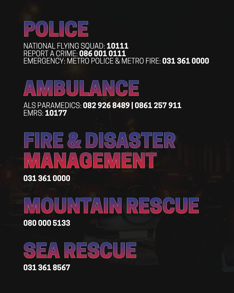 Stay safe this festive season. 🎄🚑

Save these important emergency numbers, being prepared can make all the difference.

When every second counts, we’re here for you.

📞 082 926 8489 | 0861 257 911